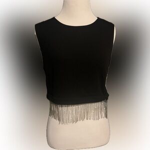 Amisu black rhinestone fringe crop top.